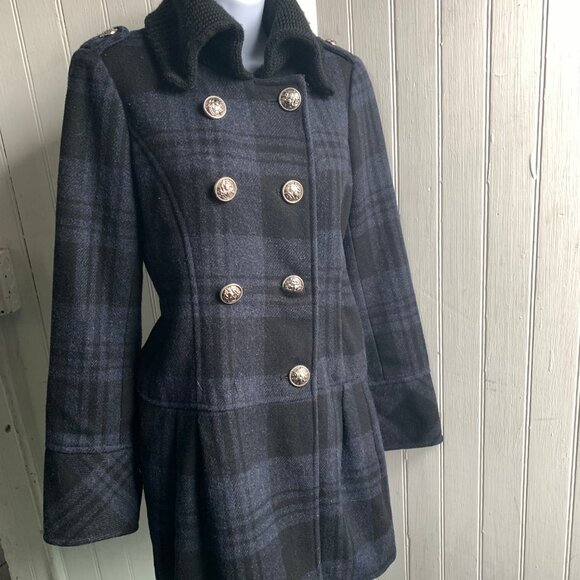 Guess Women's Blue Black Plaid Double Breast Wool Pea Coat Knit Collar Military - Picture 2 of 16